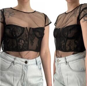 HOUSE OF CB Kya Black Lace Bustier Bra with Mesh Sheer Overlay Top Lingerie